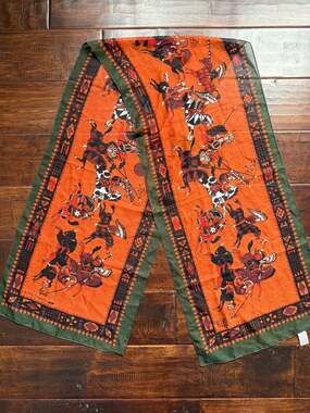 Vintage Mark Deggan Italian Equestrian Horse Print Scarf Orange and Green
